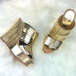 Coach Gold Strappy Slide Platform Wedge Sandals
